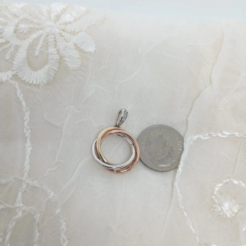 10K Tri Color Gold 4 Diamonds Trinity Style Circle Pendant - Picture 9 of 12